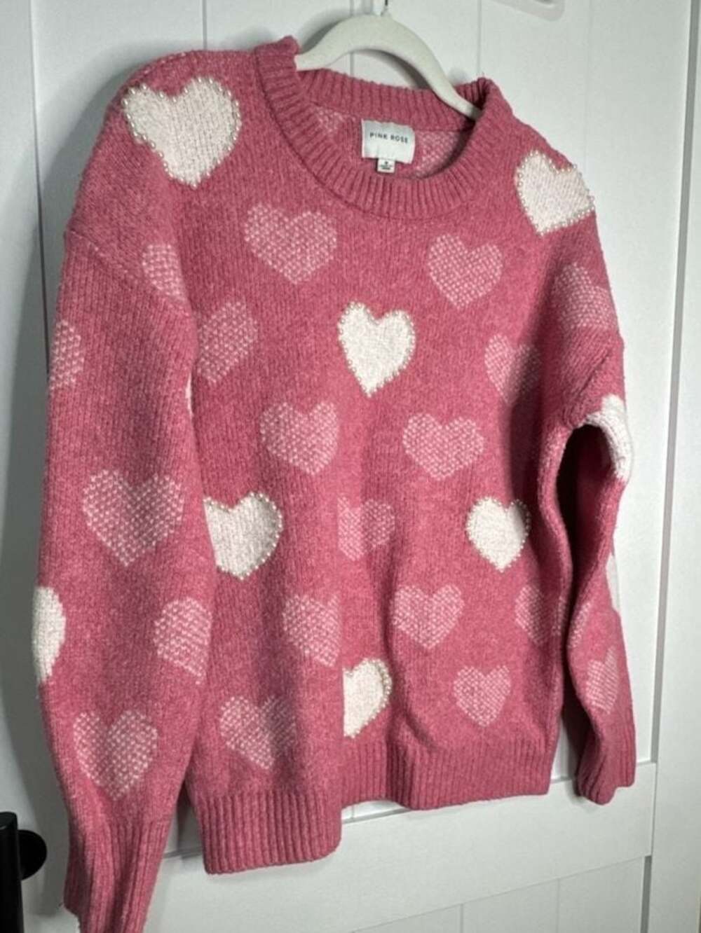 Pink Rose Women's Pink Pearled Heart Crew Neck Pullover Sweater
